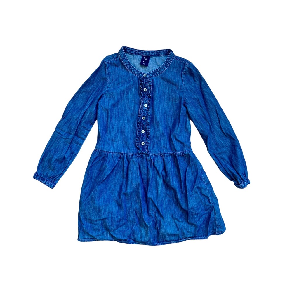 GAP‎ Kids Denim Dress Ruffled Front Long Sleeve Button Up Blue Chambray Size S